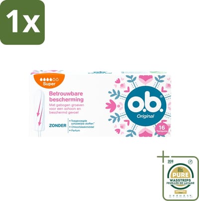 1 x o.b. Tampons - Original Super - Gebogen Groeven - Voor Betrouwbare Bescherming - 16 Tampons- Tampons - Menstruatiebescherming - Gebogen Groeven - StayDry - Plantaardige Kern