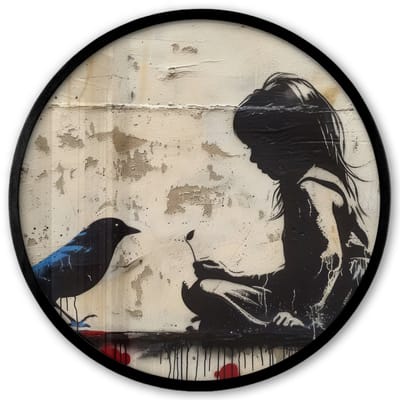 Poster in lijst Rond - Fotolijst 40x40 cm - Posters - Meisje - Street art - Vogel - Abstract - Graffiti - Modern - Ronde posterlijst zwart - Decoratie - Wanddecoratie woonkamer - Muurdecoratie slaapkamer