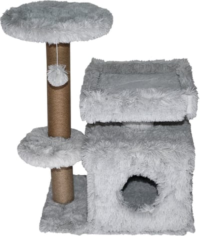 Topmast Krabpaal Fluffy Langhaar - Malmö - Grijs - 72 x 39 x 87 cm - Made in EU - Krabpaal voor Katten - Met Kattenhuis - Sterk Sisal Touw
