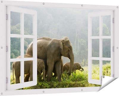Gards Tuinposter Doorkijk Olifanten Familie in de Jungle - Olifant - 150x100 cm - Tuindoek - Tuindecoratie - Wanddecoratie buiten - Tuinschilderij