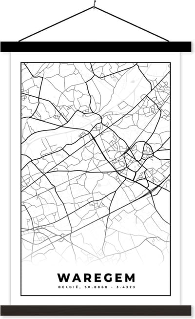 Posterhanger incl. Poster 40x60 cm - Schoolplaat - Zwart Wit – België – Plattegrond – Stadskaart – Kaart – Waregem - Textielposter - Zwarte latten - Stadskaart