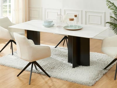 Vente-unique Eettafel voor 8 personen van keramiek en MDF - Wit marmereffect en zwart - SINAN