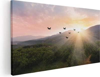 Artaza Canvas Schilderij Vogels - 40x20 cm - Klein - Wanddecoratie Zonsondergang - Muurdecoratie Bergen - Schilderijen Natuur