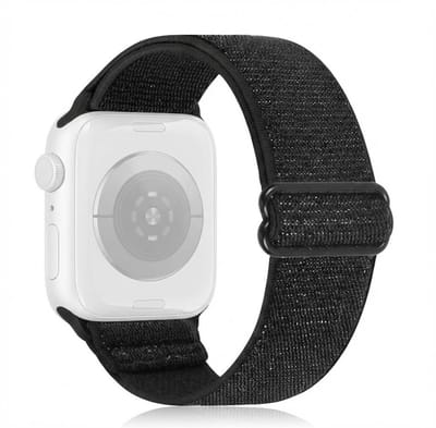 Zwart nylon Apple Watch bandje voor dames en heren – elastische verstelbare smartwatch band – geschikt voor Apple Watch 38 mm / 40 mm / 41 mm / 42 mm (serie 10 / 11) – lichtgewicht horloge band