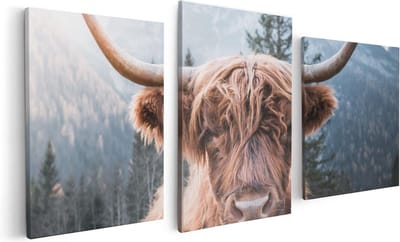 Artaza Canvas Schilderij Drieluik Schotse Hooglander Koe In De Bergen - 120x60 - Foto Op Canvas - Canvas Print