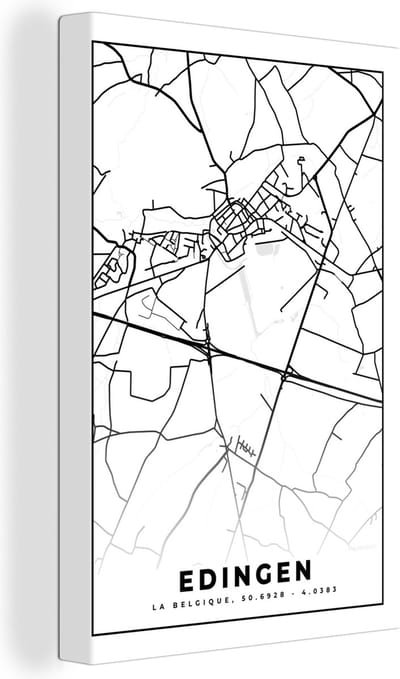Canvas Schilderij België – Edingen – Stadskaart – Kaart – Zwart Wit – Plattegrond - 20x30 cm - Wanddecoratie