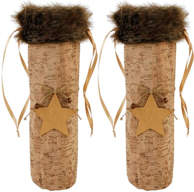 Set van 2 Luxe Wijntassen in Kurkoptiek met Nepbont Rand – 8,5x36 cm – Kerst Cadeauverpakking voor Wijnflessen