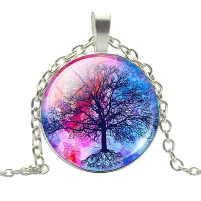 Fako Bijoux® - Ketting - Cabochon - Boom - Blauw/Rood