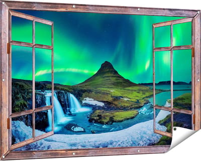 Gards Tuinposter Doorkijk Noorderlicht bij de Watervallen in IJsland - 150x100 cm - Tuindoek - Tuindecoratie - Wanddecoratie buiten - Tuinschilderij