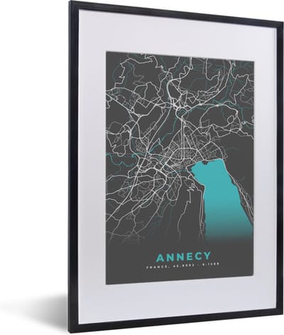 Fotolijst incl. Poster - Annecy - Frankrijk - Plattegrond - Stadskaart - Kaart - 30x40 cm - Posterlijst