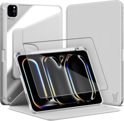 Hoes met Screenprotector geschikt voor iPad Pro 11 inch 2024 - Book Case Premium Sleep Cover Kunstleer 360 Graden Draaibaar met Auto/Wake Functie en Pencilhouder - Grijs