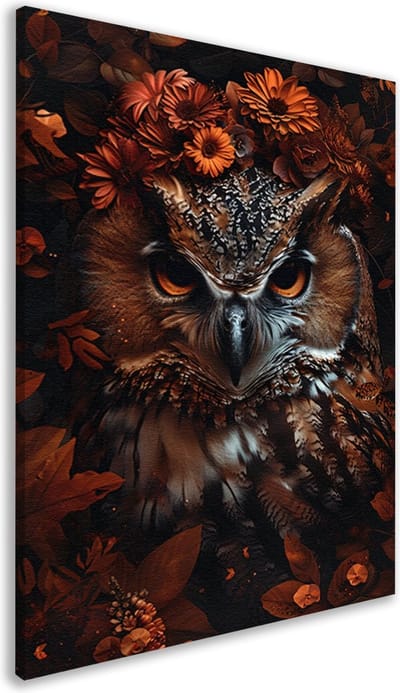 Canvas schilderij 60x90 cm - Uil schilderijen - Dieren - Vogels - Bloemen - Slaapkamer decoratie - Canvas schilderijen woonkamer - Muurdecoratie