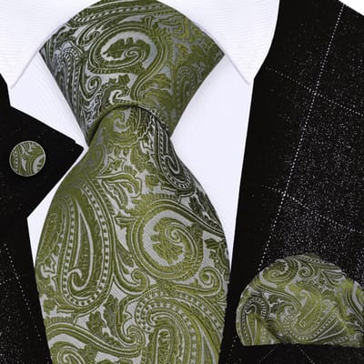Sorprese Stropdas met Pochet en Manchetknopen - Paisley Olijfgroen - 8cm - 100% Zijde - Pochette - Cadeau