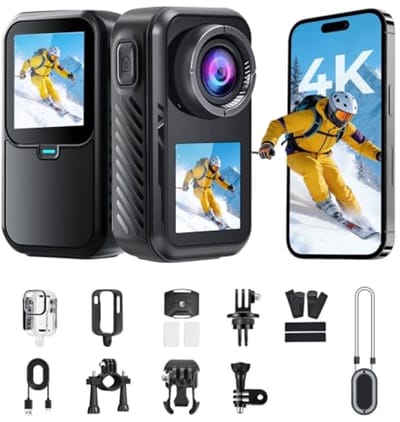 Action Camera 5K WiFi 30m Waterdicht Dubbele Scherm 6-assige EIS Stabilisatie 150° Groothoek Helmcamera voor Fietsen, Snorkelen, Motorrijden