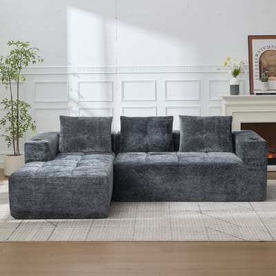 Wishdor L-Vormige Hoekbank - Diepe Zitting Met Bekerhouders - Minimalistisch Ontwerp - Woonkamer - Bekleed Met Chenille - Grijs - 258 Cm
