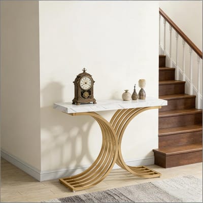 MIVRAY Consoletafel - Marmerlook Blad En Metalen Frame - Voor Hal En Woonkamer - Wit En Goud - 100x30x80 Cm