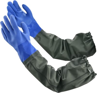 Waterdichte handschoenen - Lange waterdichte handschoenen - Herbruikbaar - Katoenen voering - Elastisch model - Waterdicht / Olie- / Zuur- en alkalibestendig - 70 cm - Blauw
