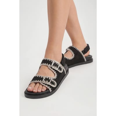 boohoo Dames Sandalen Met Brede Pasvorm In Imitatiesuede Met Contrasterende Stiksels | Black | Maat: 4