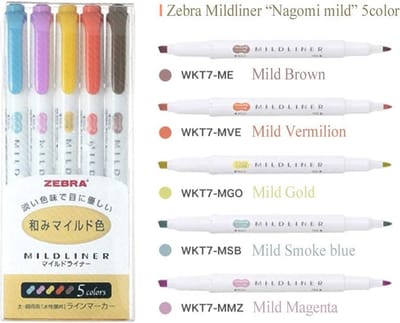 Zebra Mildliner Double Sided Tekstmarker - Fine & Bold - Mild Deep & Warm Colors - Set van 5 + EXTRA een Zebra Two Sided Brushpen