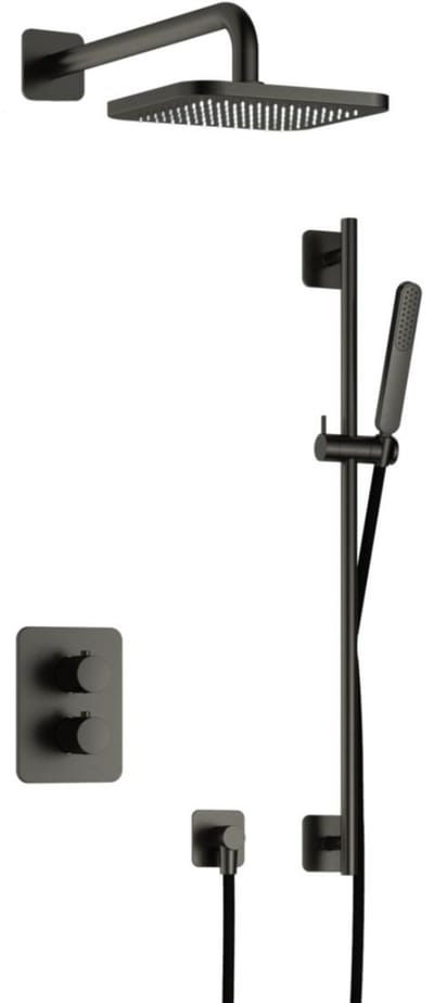 Hotbath Gal - Inbouw Regendoucheset - Geborsteld Gunmetal PVD - Thermostatisch - Wandarm 35 cm - Hoofddouche 220 mm - Staafhanddouche - Glijstang 900 mm - met 2-Weg Stop-Omstel
