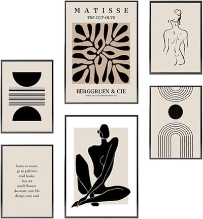 Abstracte Muurdecoratie - Wandkunst Set - Woonkamer Decoratie - Moderne Boho Stijl - 6 Delig 21x30cm 30x40cm - Zwart Wit