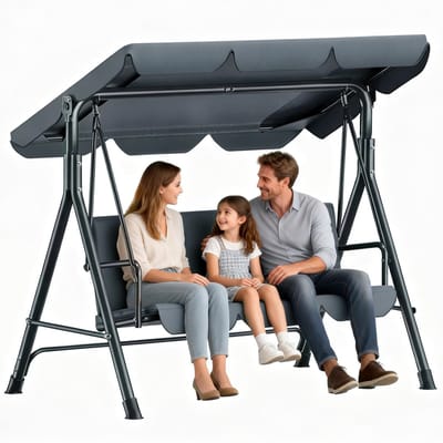 Soontrans - Tuinschommel 3-Zits Met Verstelbaar Zonnedak - Schommelbank Antislip voetsteunen - Hollywoodschommel - Tuinhangmat - Stevig Metalen Frame Voor Tuin Terras - Hangmatbank 193x110x152cm - Tuinhangmat Weerbestendig Met Kussen - Grijs