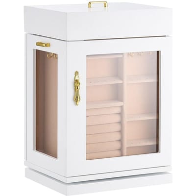 Juwelendoos 360° Roterende Sieraden Organizer met 4 Halsketting Haken Wit