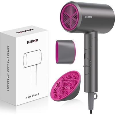 BABONIR FZ201 opvouwbare ionische haardroger 1800 W met diffuser en concentrator, sneldrogend, lichtgewicht en draagbaar ontwerp, grijs