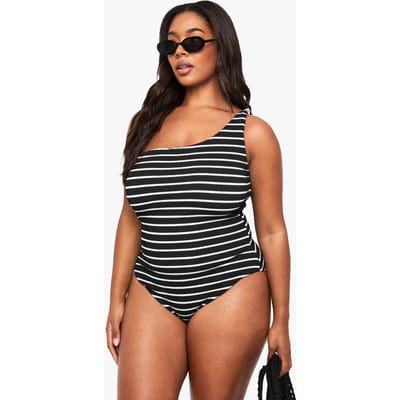 boohoo Dames PLUS GEKREUKELD GESTREEPT EENSCHOUDELijK BADKOSTUUM | Black | Maat: 28