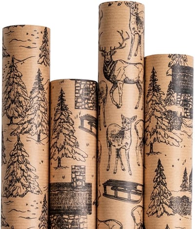 Store_8 - Kerst Inpakpapier - Kraft Kerstlandschapsontwerp - Jumbo Rol - 4 Rollen - 43,5x305 cm - Perfect voor Feestdagen - Cadeaupapier