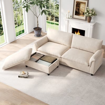 OKWISH Hoekbank 216 x 77 x 82 cm - Met Verplaatsbare Hocker En Opbergruimte - Om te Vormen tot Bed - Chenille - Beige