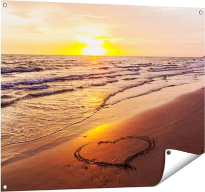 Gards Tuinposter Zonsondergang op het Strand met een Hartje - 100x80 cm - Tuindoek - Tuindecoratie - Wanddecoratie buiten - Tuinschilderij