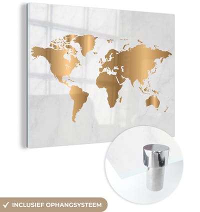 ® Glasschilderij 160x120 cm - Schilderij acrylglas - Wereldkaart - Marmer - Goud - Foto op glas - Muurdecoratie woonkamer - Wanddecoratie slaapkamer - Schilderijen