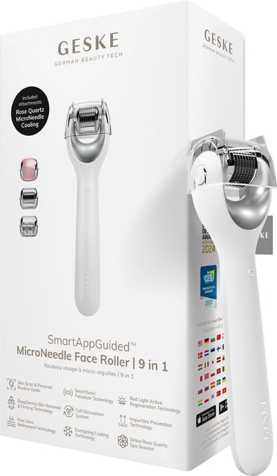 GESKE | SmartAppGuided™ MicroNeedle Face Roller | 9 in 1 | met rozenkwarts | Microneedling | Professioneel Microneedling-apparaat | Naaldroller | Schoonheidsrollergezicht | Micronaaldroller