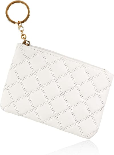 Dames Faux Leather Portemonnee met Sleutelhanger en 2-Layer Ritscompartiment, Mini Muntportemonnee voor Sleutels en Lippenstift, Wit