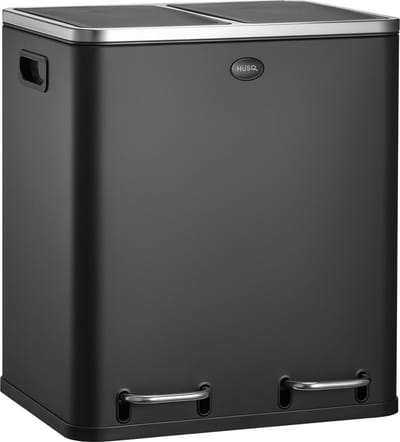 HÜSQ Prullenbak van 30 liter (2 x 15L), Pedaalemmer met 2 Vakken - Duo Vuilbak - Afvalbak voor Afvalscheiding - dubbele Vuilnisbak in RVS - Mat Zwart