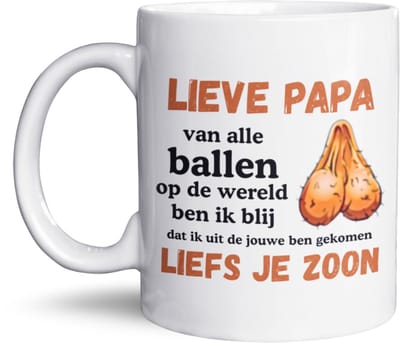NietMokken.nl - Grappige Mok – Lieve Papa Van Alle Ballen op de Wereld Mok 325 ml – Vaderdag Cadeau – Cadeau voor Papa – Keramische Koffiemok – Vaatwasser- & Magnetronbestendig – Aan Beide Zijden Bedrukt