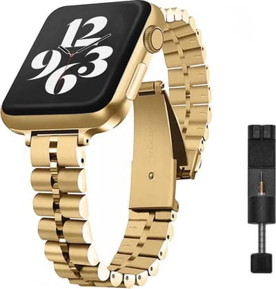 MY PROTECT - Luxe Metalen Slim Jubilee Bandje - Geschikt Voor Apple Watch Bandje - Series 1/2/3/4/5/6/7/8/9/10/SE/Ultra - 44mm - 45mm - 46mm - 49mm - Goud