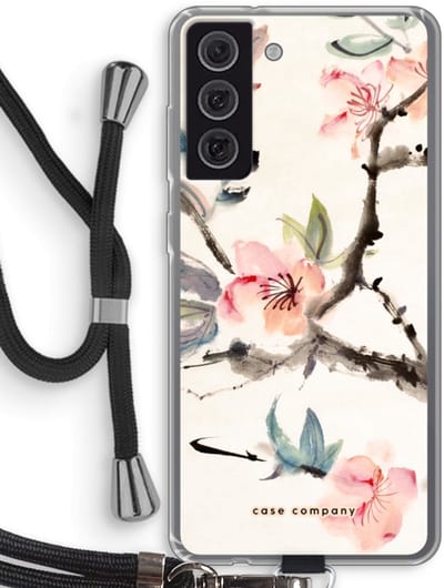 Case Company® - Hoesje met koord geschikt voor Samsung Galaxy S21 FE hoesje met Koord - Japanse bloemen - Telefoonhoesje met Zwart Koord - Bescherming aan alle Kanten en Over de Schermrand