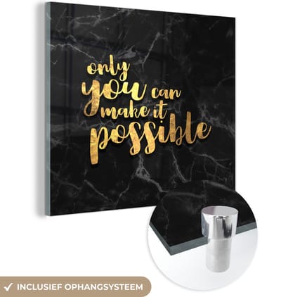 MuchoWow® Glasschilderij 50x50 cm - Schilderij acrylglas - Quote - Motivatie - Marmer - Goud - Foto op glas - Schilderijen