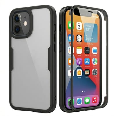 Zwart transparant telefoon hoesje geschikt voor iPhone 12 – schokbestendige case met voor en achterkant bescherming – full body cover – harde rand en doorzichtig design – dames en heren