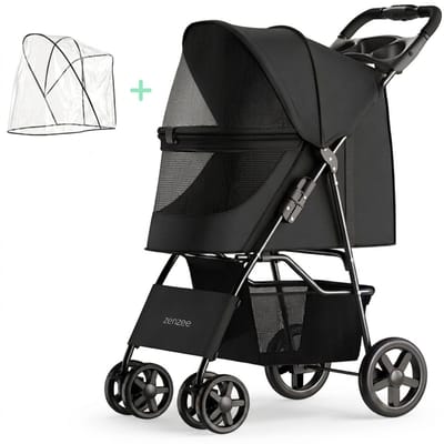 Zenzee® - Inklapbare Hondenbuggy opvouwbaar – Met regenhoes - Voor kleine en middelgrote honden - Tot 15Kg - Zwart – Hondenwagen – Wandelwagen