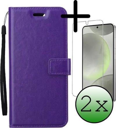 Hoesje Met 2x Screenprotector - Geschikt voor Samsung Galaxy S24 Plus - Luxe Pasjeshouder - Bookcase Portemonee - Flip Case - Kunstleer Book Case - Flipcase Hoes - Book Cover - Walletcase - Portemonneehoes - Paars