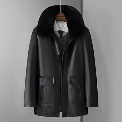 Heren Omgeslagen Bontkraag Middellange en Lange Pluche Verdikte Uitneembare Voering Middelbare en Oudere Leeftijd Leren Jas 4XL zwart