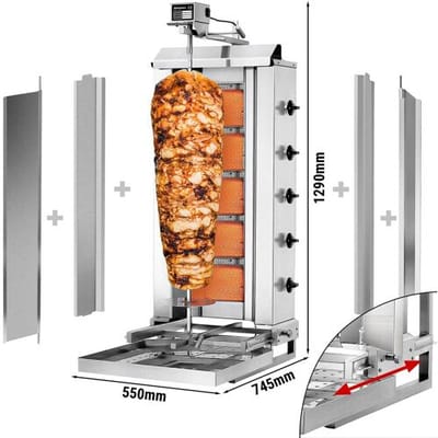 GGM Gastro Gas Gyros-/ Dönergrill - 5 bewegliche Brenner - max. 80 kg - inkl. 2 Schutzbleche & 2 Flügeltüren