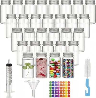 30 Stuks Testbuizen met Deksel, 30ML Schroefo Tube met Vlakke Bodem, Doorzichtige Glazen Flesjes voor Snoep, Badzout en Decoratie