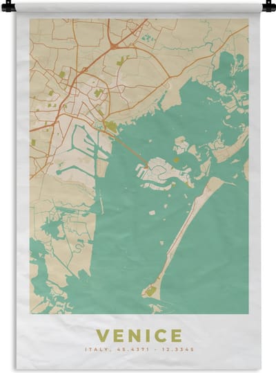 Wandkleed - Wanddoek - Venetië - Stadskaart - Plattegrond - Vintage - Kaart - 120x180 cm - Wandtapijt