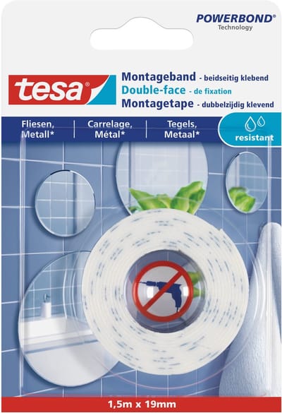 Tesa dubbelzijdig spiegel montagetape - 2x - op rol - voor tegels en metaal - 1,5 meter - Tesa Powerbond - Waterproof