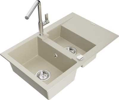 Mexen Gaspar granieten spoelbak 1,5-kamer met afdruiprek en keukenmengkraan Flora, beige - 6507-69-670401-00