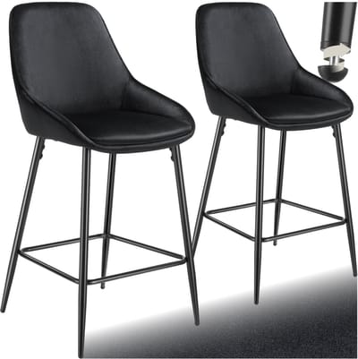 tectake® - Set van 2 Barkrukken Siera - Gestoffeerde Barkruk met rugleuning - Barstoelen - Barstoel met voetensteun - Eetkamerstoel met fluweellook bekleding en zachte schuimvulling - Stevige stalen poten met antislip vloerbescherming - Zwart